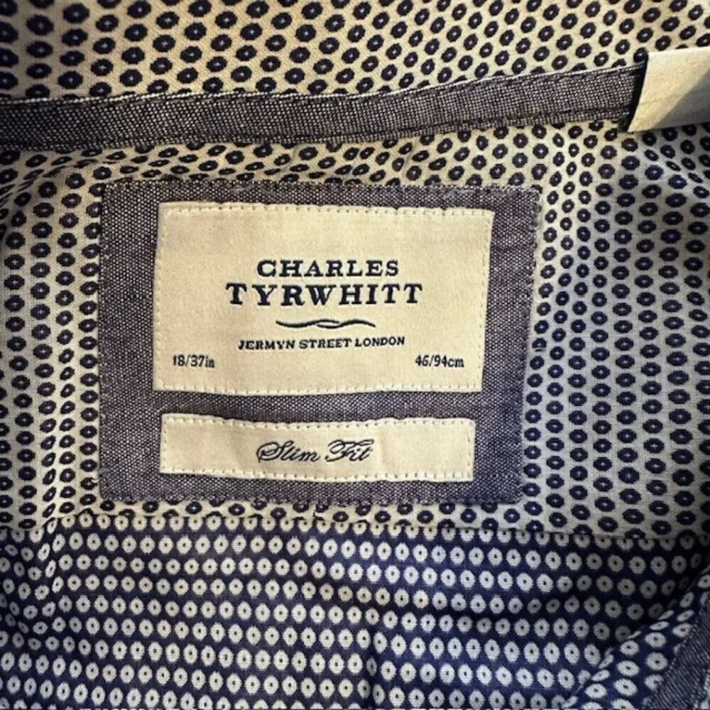 Charles Tyrwhitt LS Navy and White Pattern Design Dress Shirt Size 18/37 Slim - Picture 3 of 6